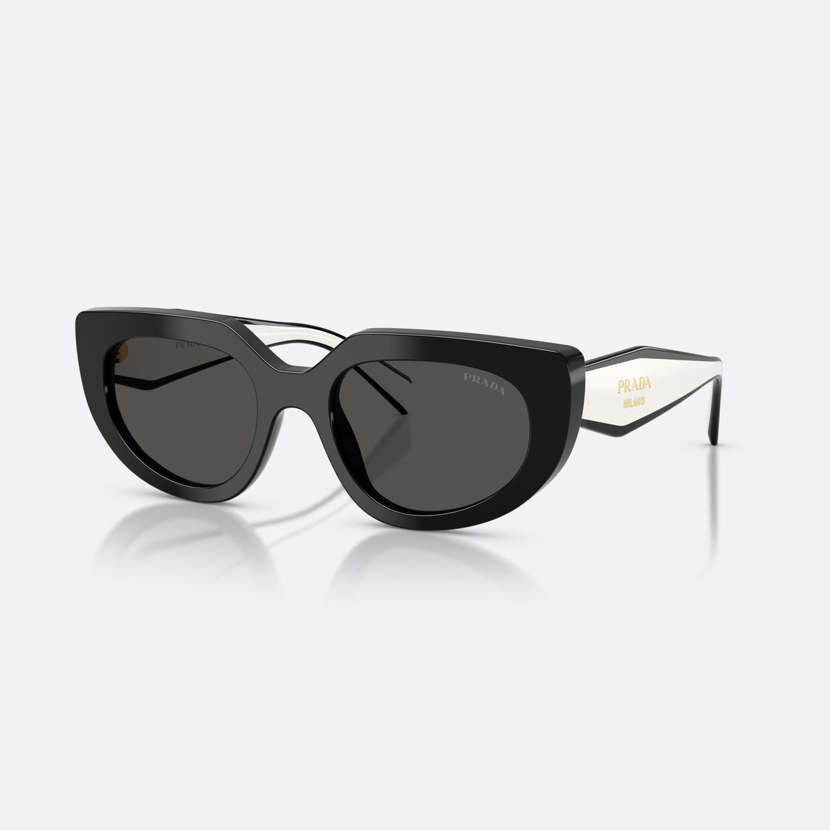 Prada PR D02S 20G08Z sunglasses, black oval frame for women, plain double bridge, brand logo on temple, full-rim frame