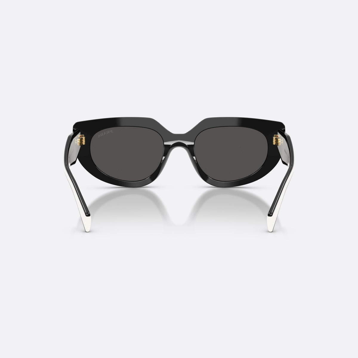 Prada PR D02S 20G08Z sunglasses, black oval frame for women, plain double bridge, brand logo on temple, full-rim frame, back view