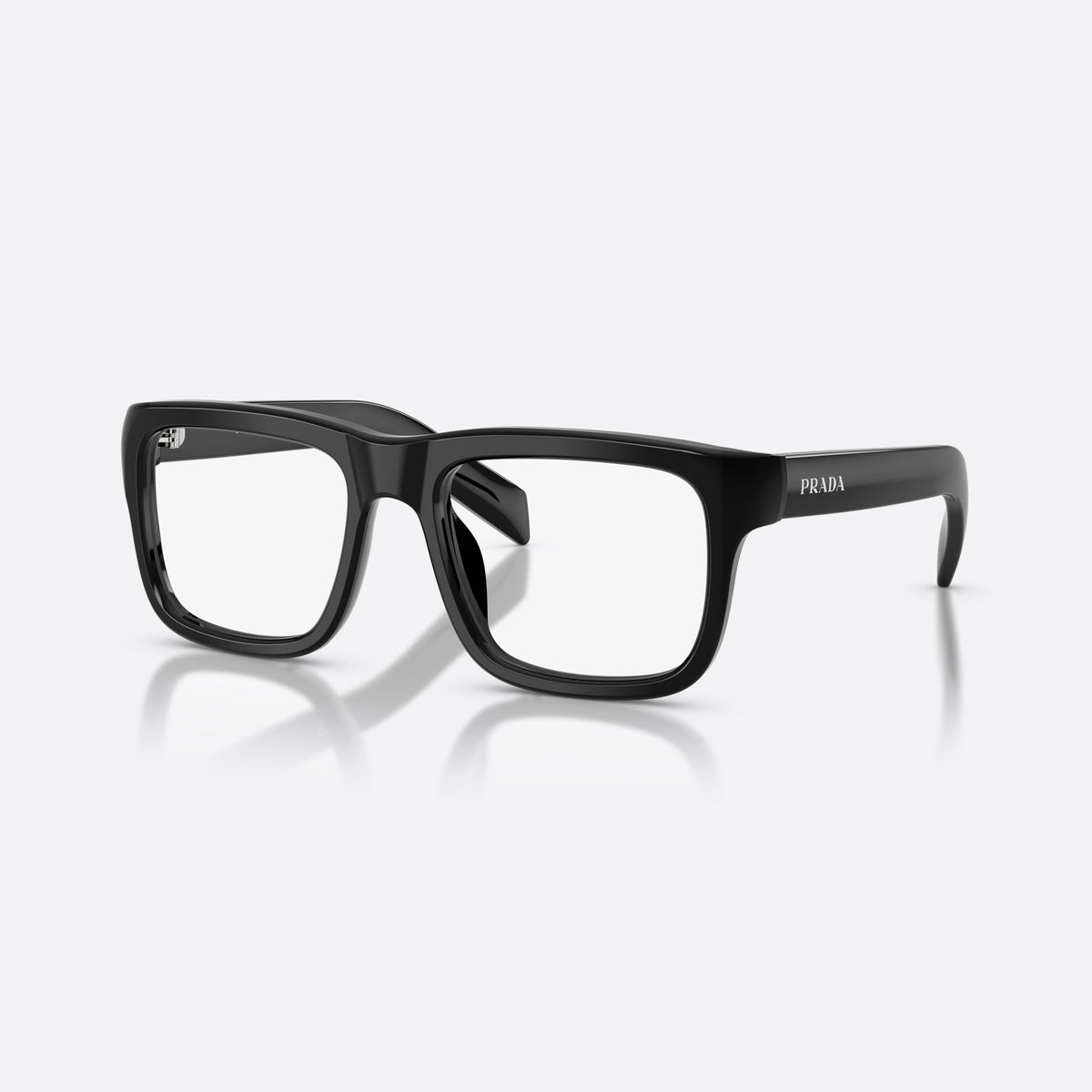 Prada PR D02V 16K1O1 eyeglasses, black rectangle frame for men, plain integrated bridge, brand lettering on temple