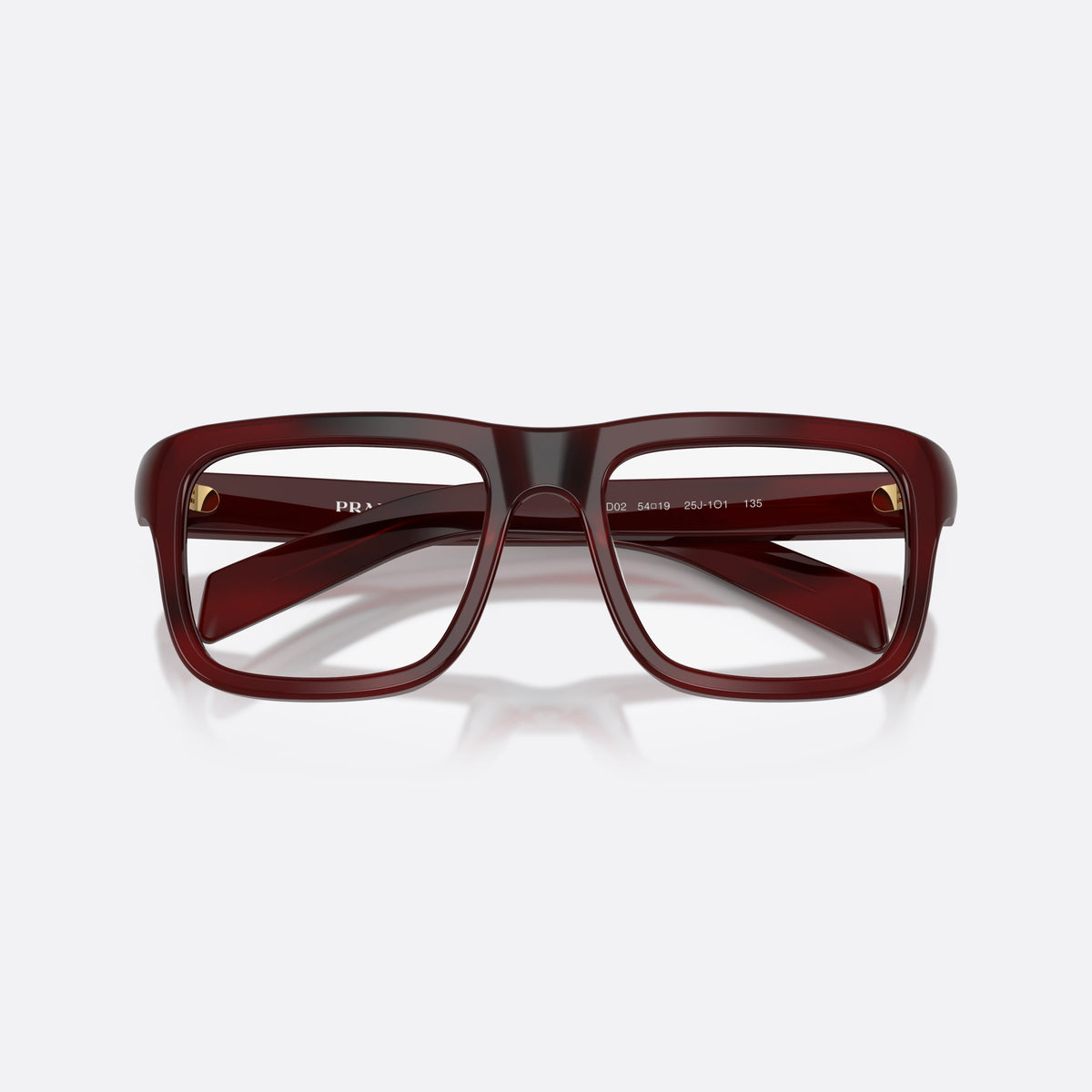 Prada PR D02V 25J1O1 eyeglasses, havana rectangle frame for men, plain bridge, brand lettering on temples, full rim, folded