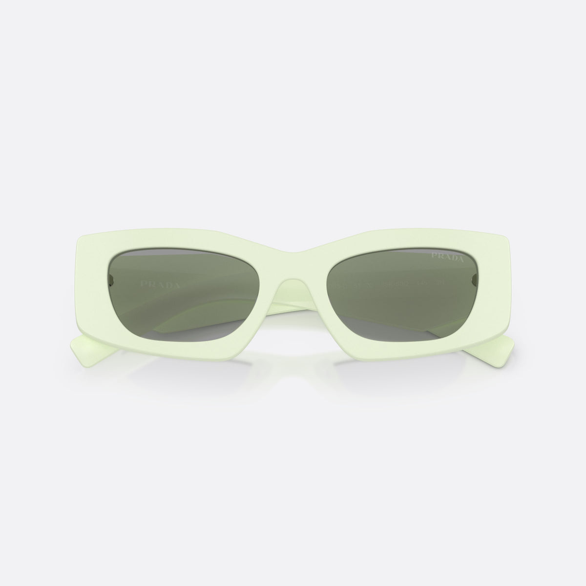 Prada PR D03SD 05K50Q sunglasses, green rectangle frame for women, plain bridge, brand logo on temple, full rim frame, folded