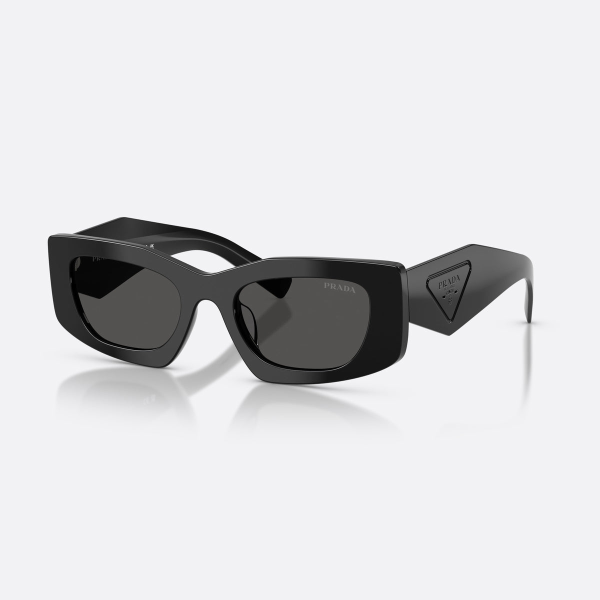 Prada PR D03SD 16K08Z sunglasses, black rectangle frame for women, plain bridge with shallow curve, wide tapered temples