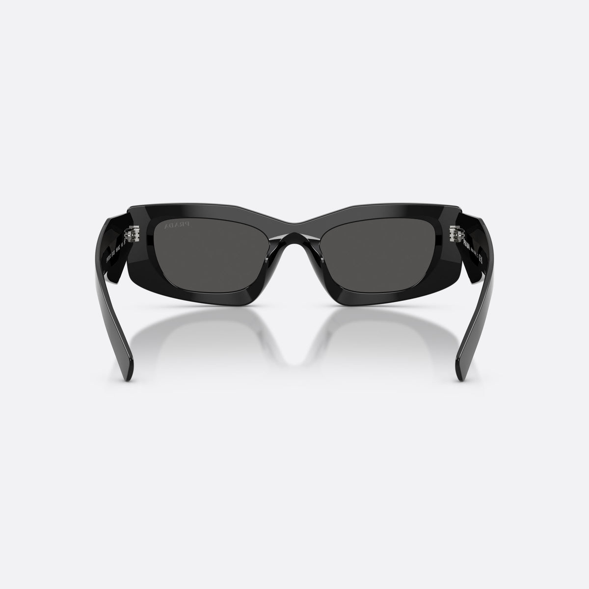 Prada PR D03SD 16K08Z sunglasses, black rectangle frame for women, plain bridge with shallow curve, wide tapered temples, back view