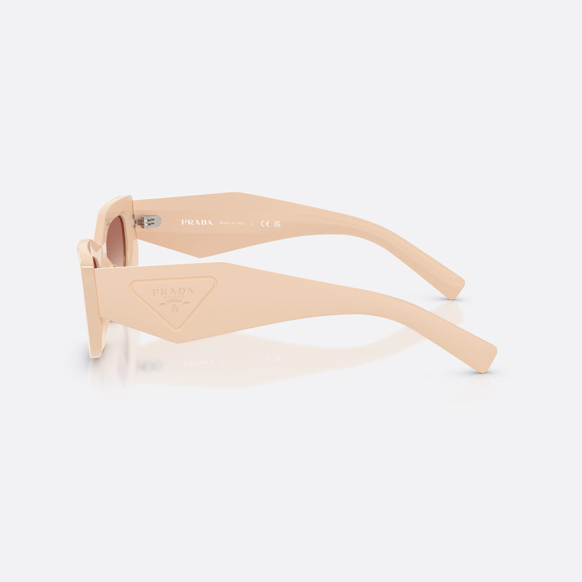 Prada PR D03SD 25B50L sunglasses, pink rectangle frame for women, plain bridge, brand logo plaque on temple, full-rim frame, side view