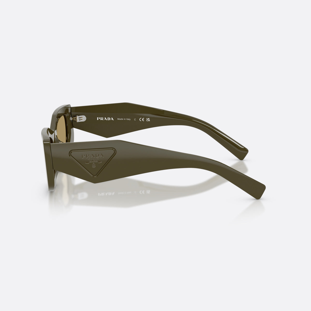 Prada PR D03SD 26J70G sunglasses, green rectangle frame for women, plain integrated bridge, brand logo on temple, side view