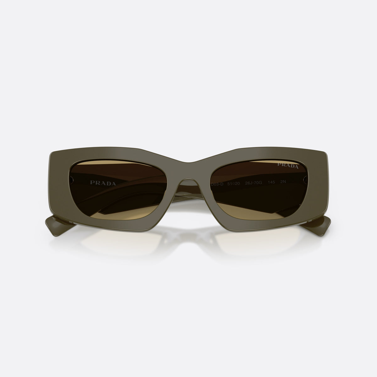 Prada PR D03SD 26J70G sunglasses, green rectangle frame for women, plain integrated bridge, brand logo on temple, folded
