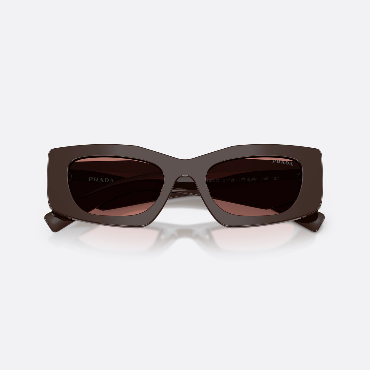 Prada PR D03SD 27I80W sunglasses, brown rectangle frame for women, plain bridge, triangular brand logo plaque, folded