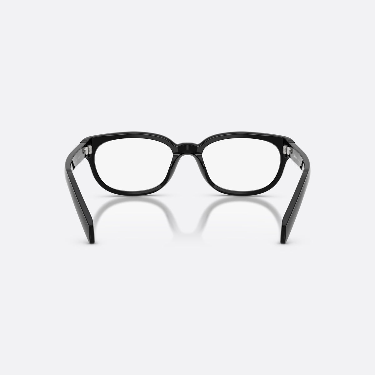 Prada PR D03VU 16K1O1 eyeglasses, black phantos frame for women, plain integrated bridge, brand lettering on temple, back view