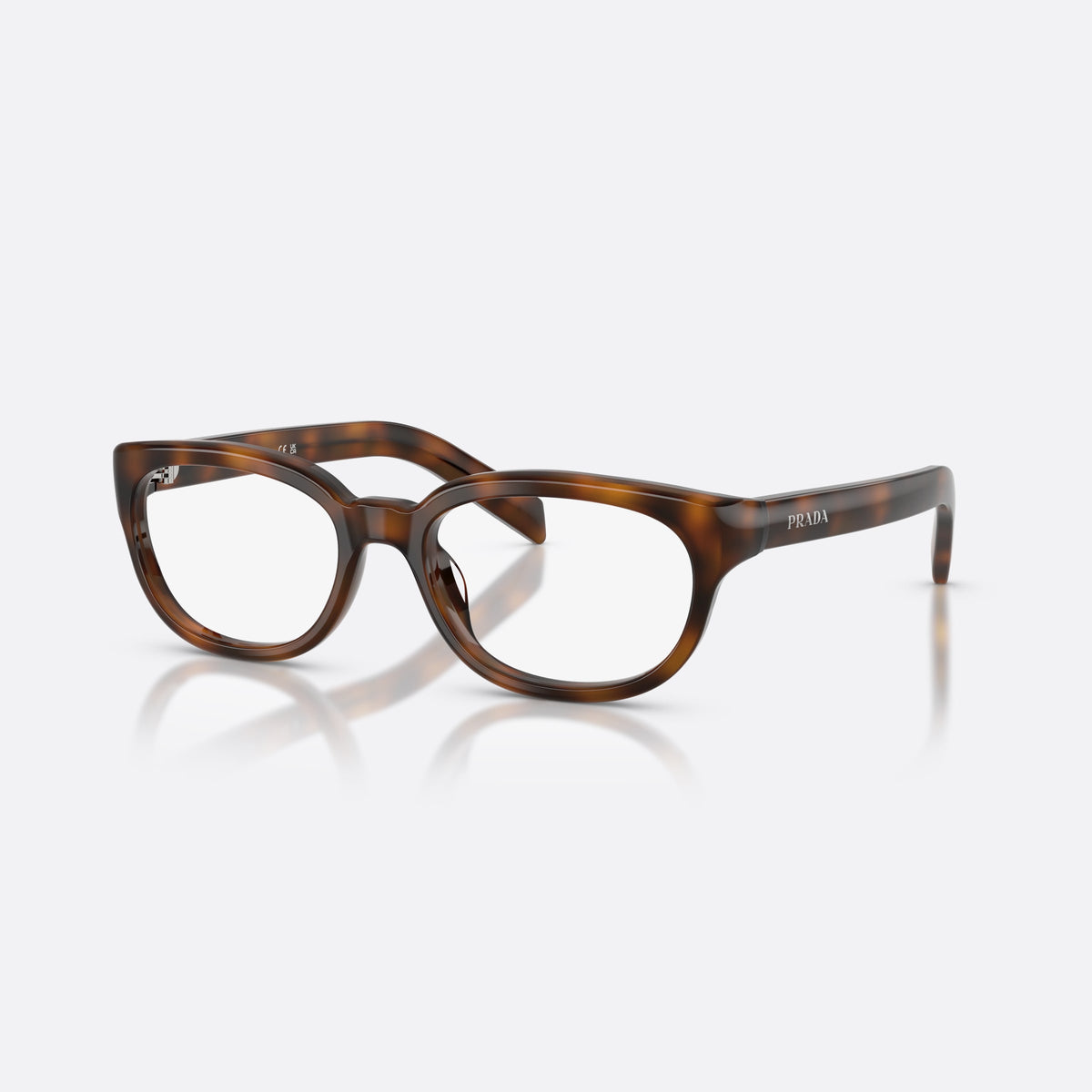 Prada PR D03VU 20D1O1 eyeglasses, havana phantos frame for women, plain acetate-style bridge, brand lettering on temples