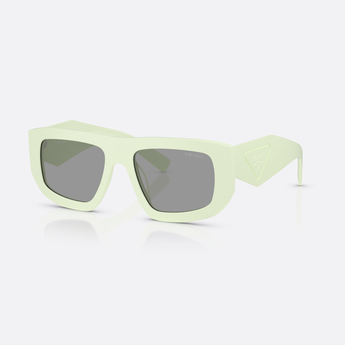 Prada PR D04SU 05K50Q sunglasses, green irregular frame for women, plain bridge, integrated into frame, brand logo on temple