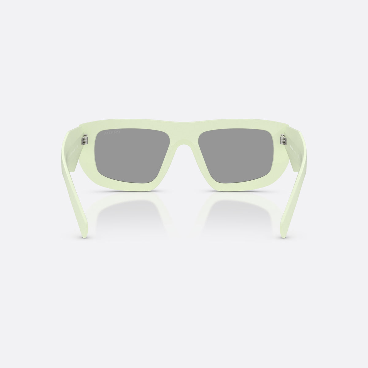 Prada PR D04SU 05K50Q sunglasses, green irregular frame for women, plain bridge, integrated into frame, brand logo on temple, back view