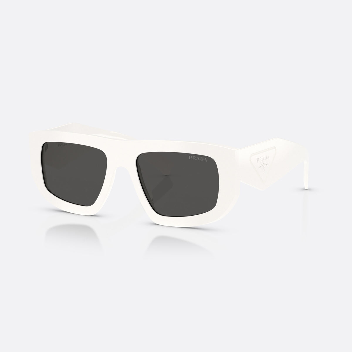 Prada PR D04SU 17K08Z sunglasses, white irregular frame for women, plain bridge, triangle plaque on temple, full rim frame
