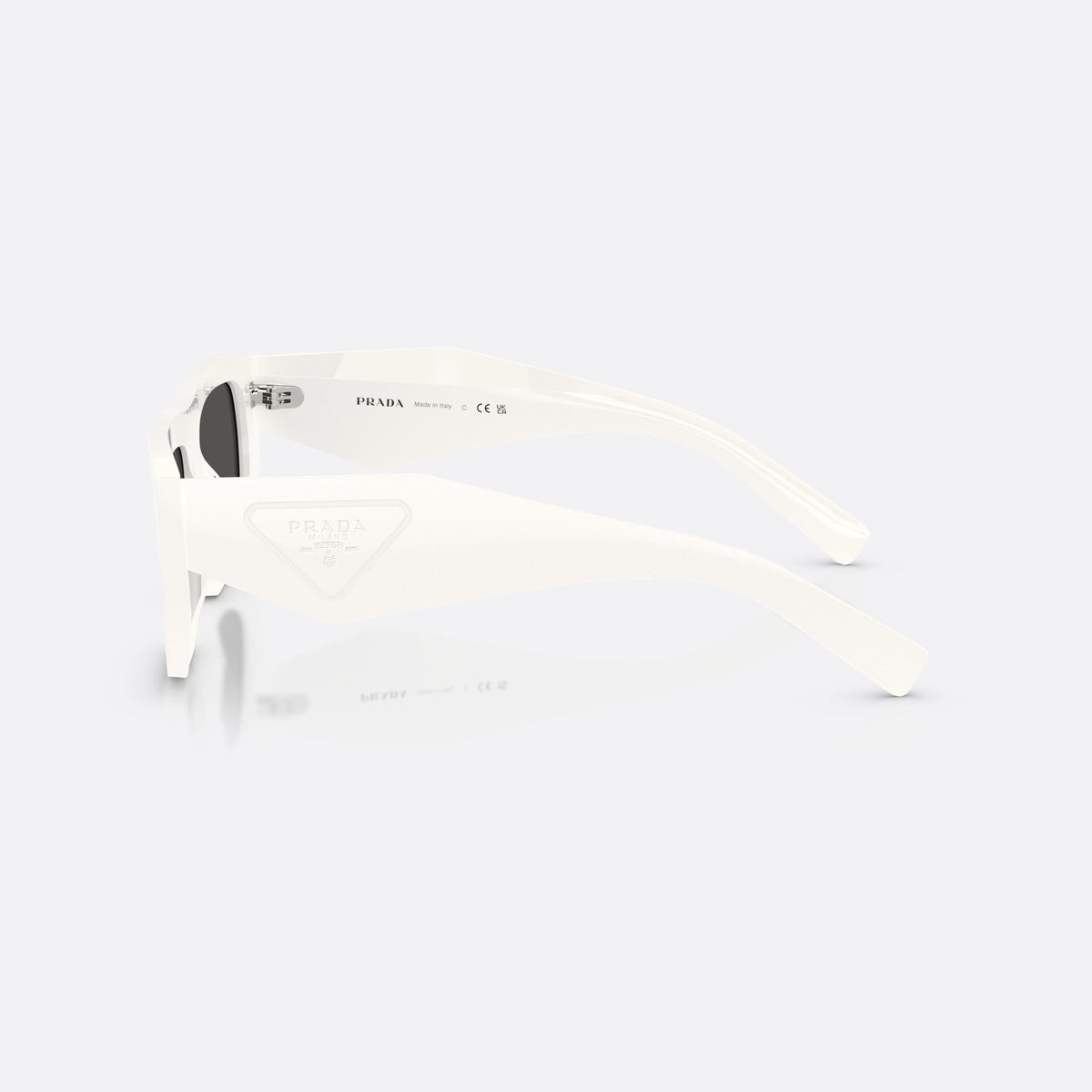 Prada PR D04SU 17K08Z sunglasses, white irregular frame for women, plain bridge, triangle plaque on temple, full rim frame, side view