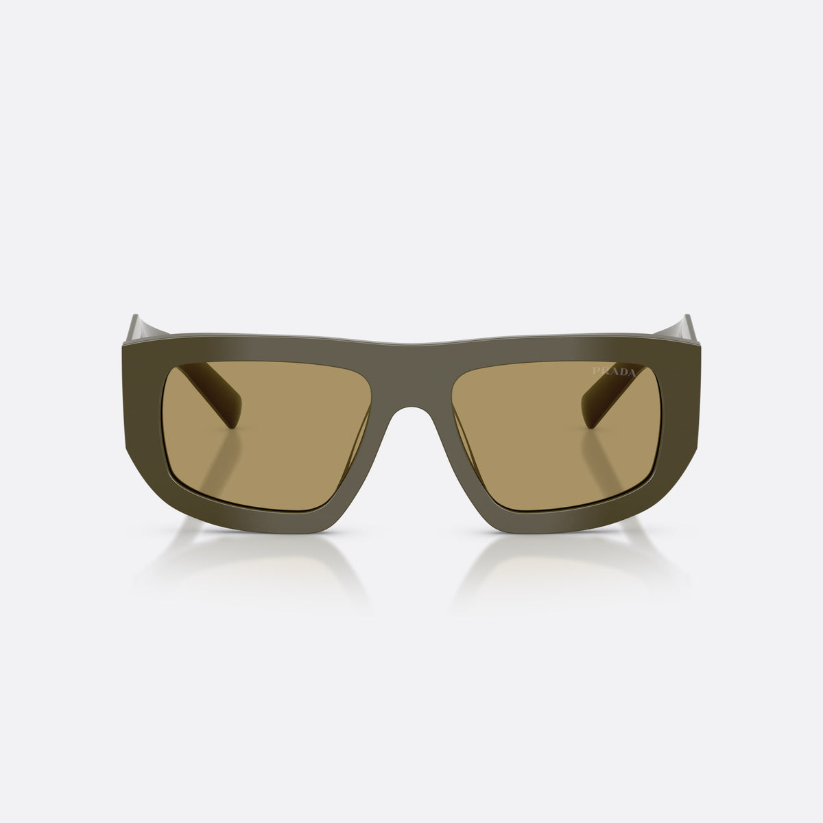 Prada PR D04SU 26J70G sunglasses, green irregular frame for women, plain integrated bridge, brand logo on temple, front view