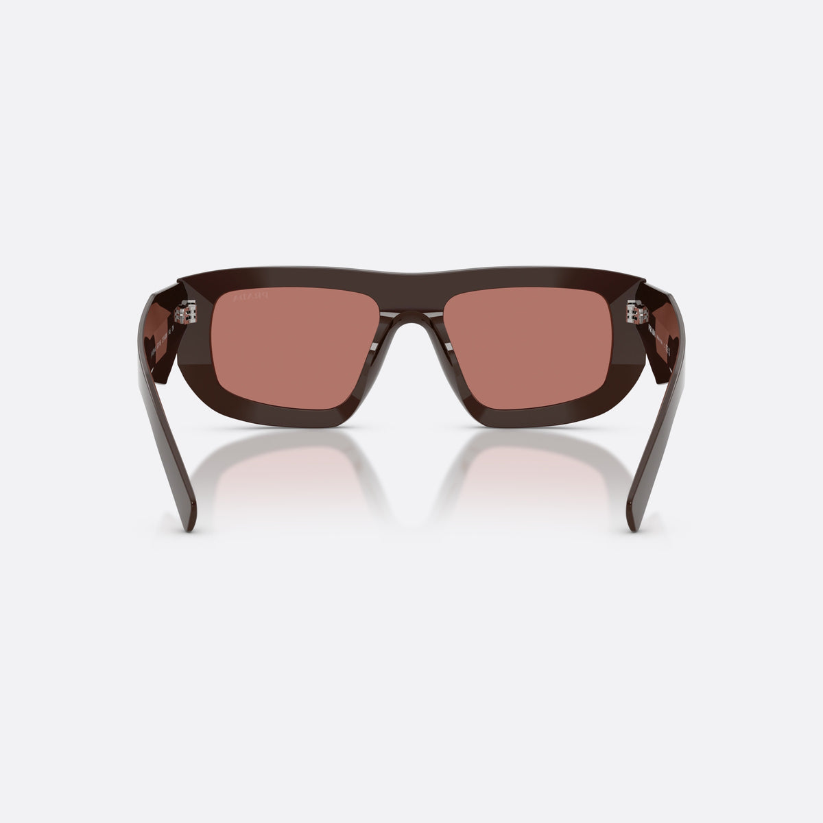 Prada PR D04SU 27I80W sunglasses, brown irregular frame for women, plain integrated bridge, brand lettering on temples, back view