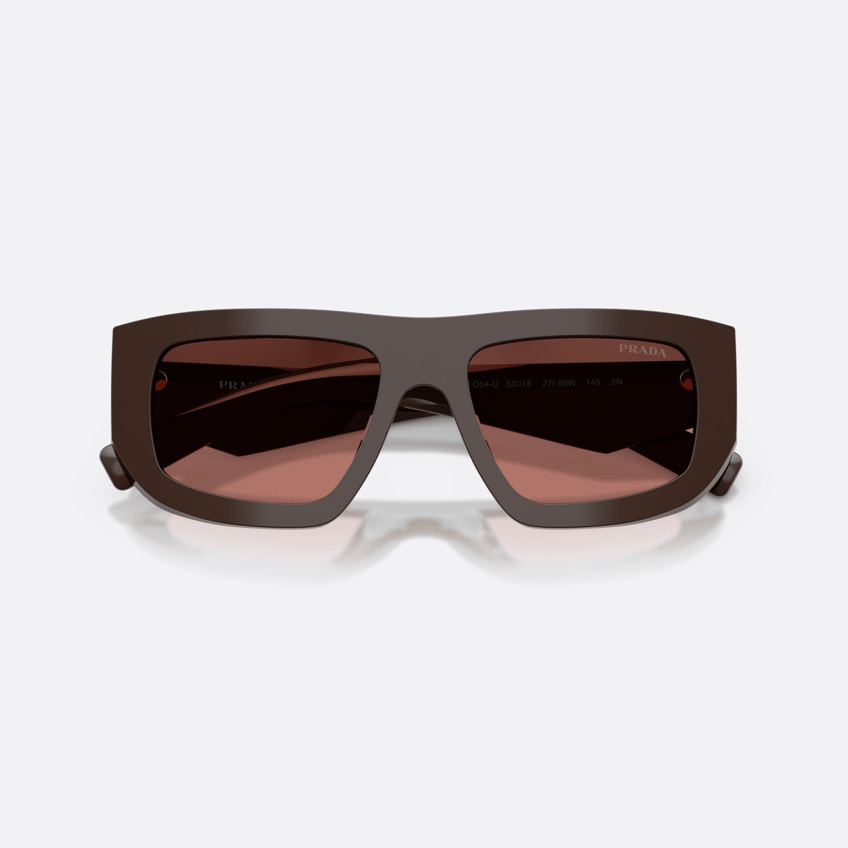 Prada PR D04SU 27I80W sunglasses, brown irregular frame for women, plain integrated bridge, brand lettering on temples, folded