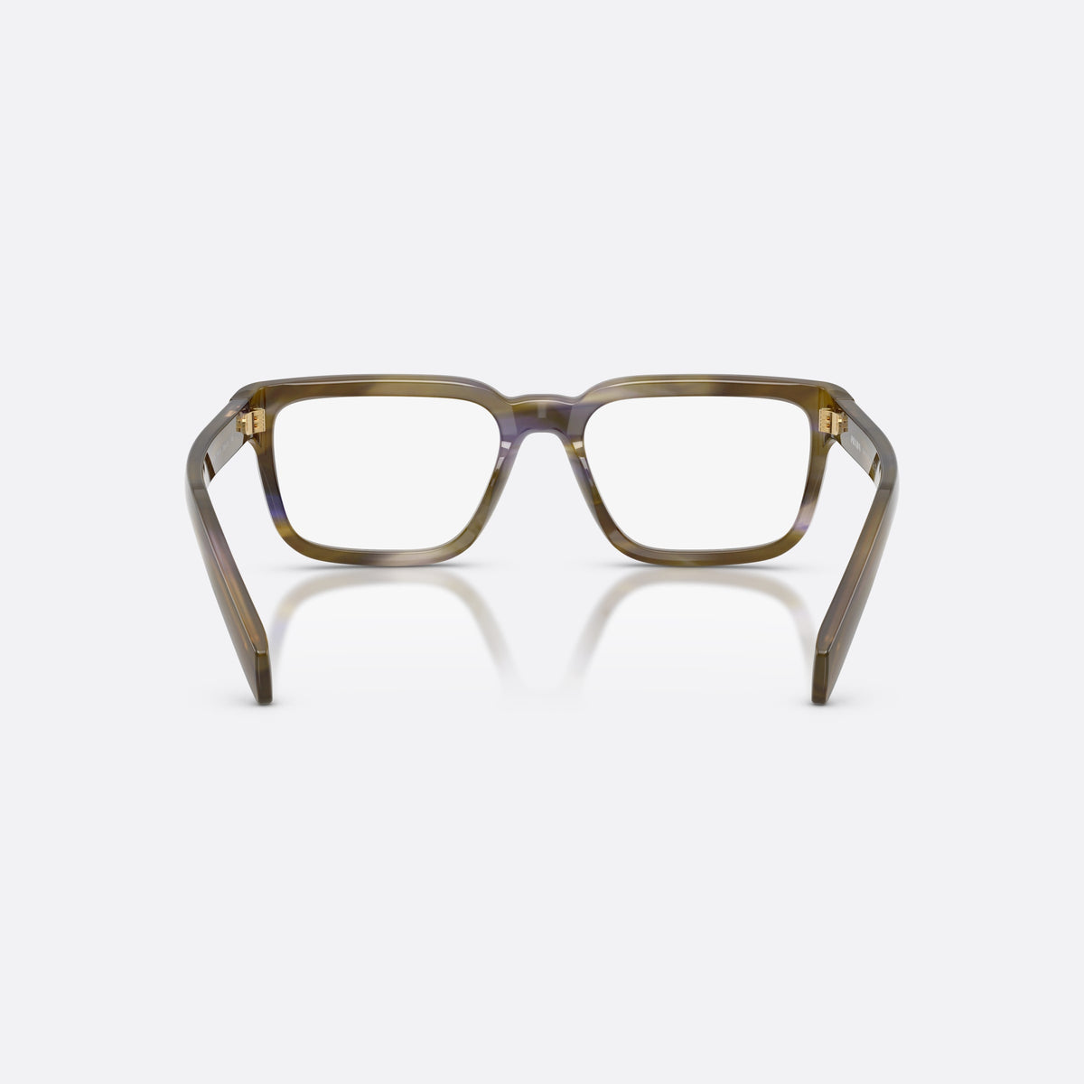 Prada PR D04V 23G1O1 eyeglasses, havana pillow frame for women, plain double bridge, brand lettering on temples, back view