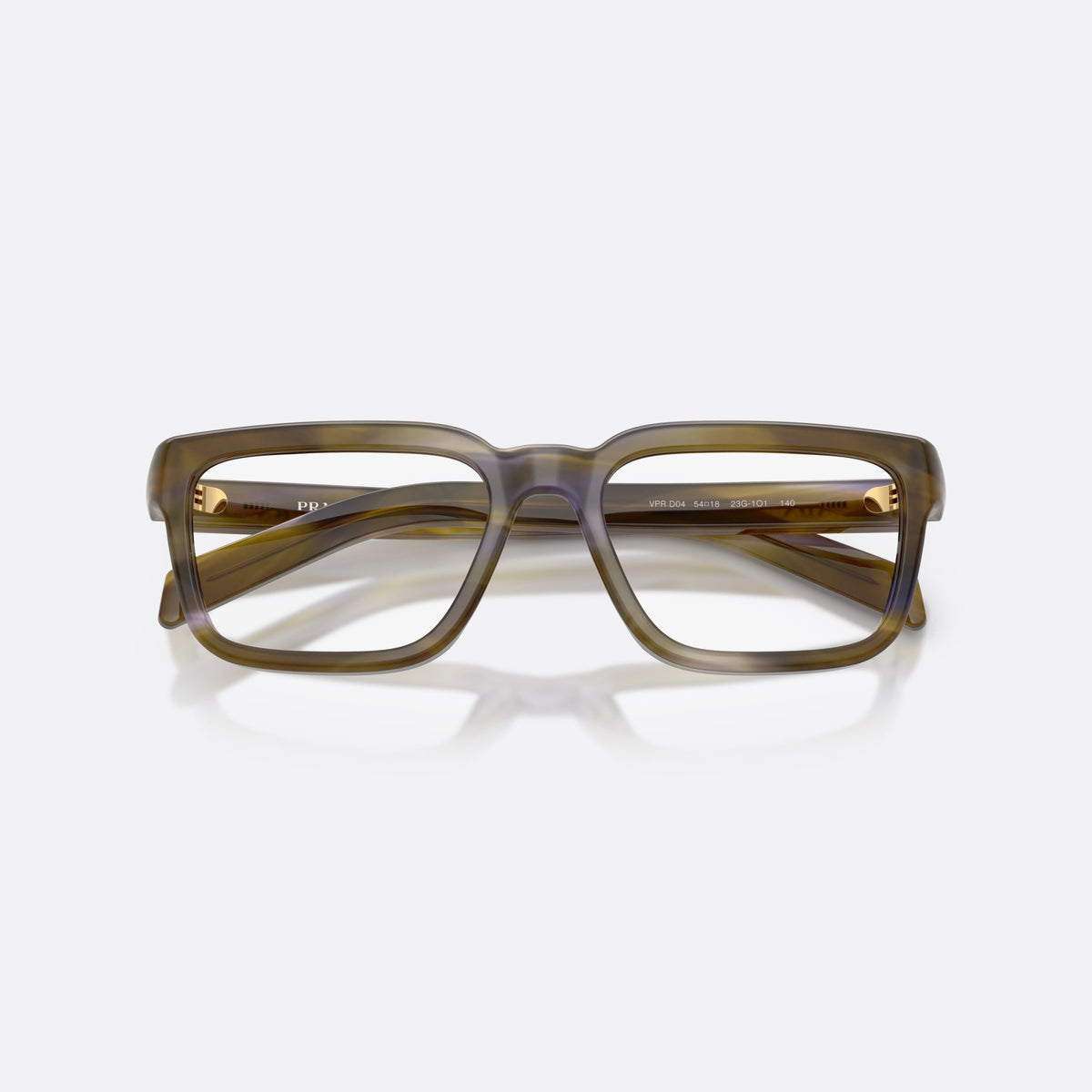 Prada PR D04V 23G1O1 eyeglasses, havana pillow frame for women, plain double bridge, brand lettering on temples, folded
