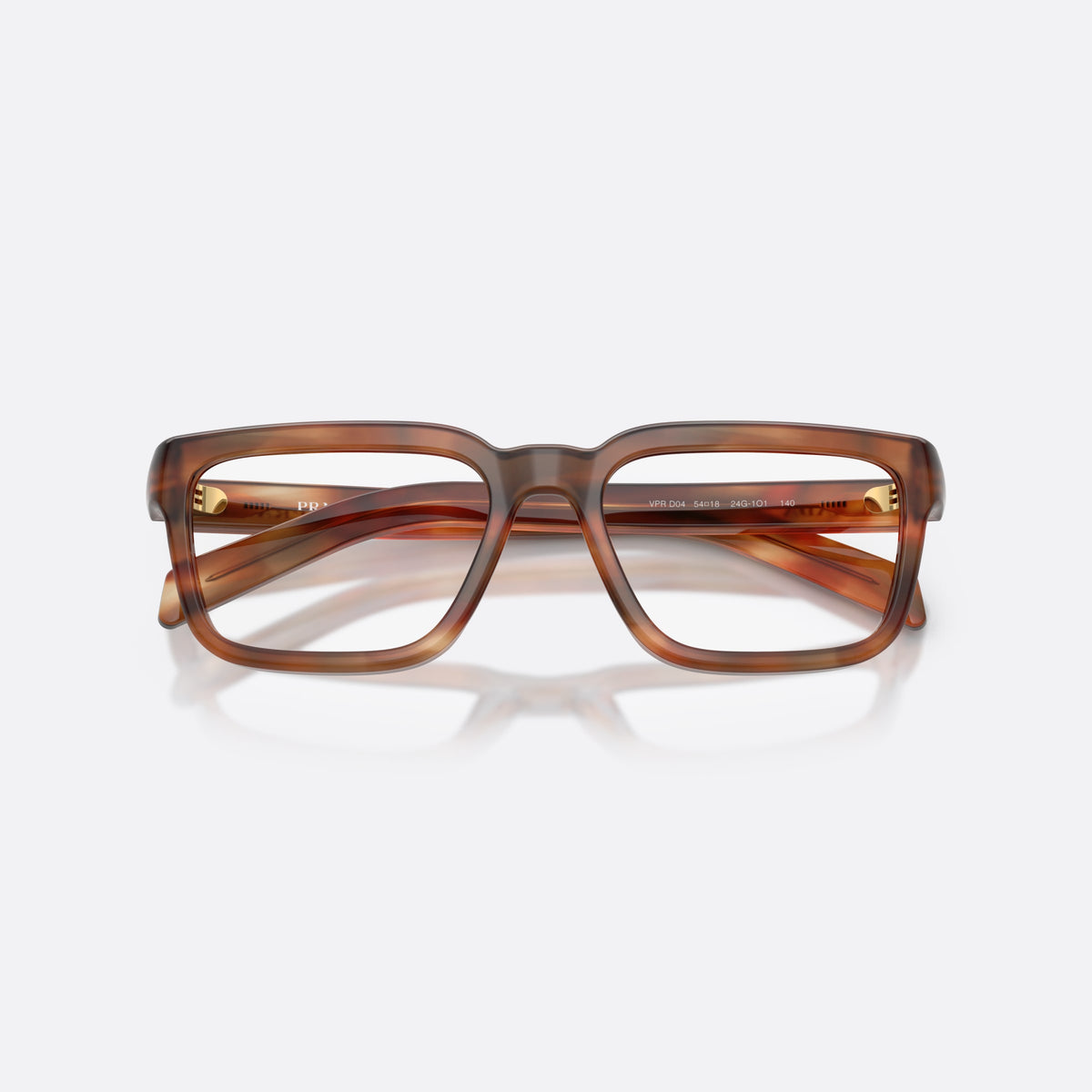 Prada PR D04V 24G1O1 eyeglasses, havana pillow frame for women, plain bridge, brand lettering on temple, flat temples, folded