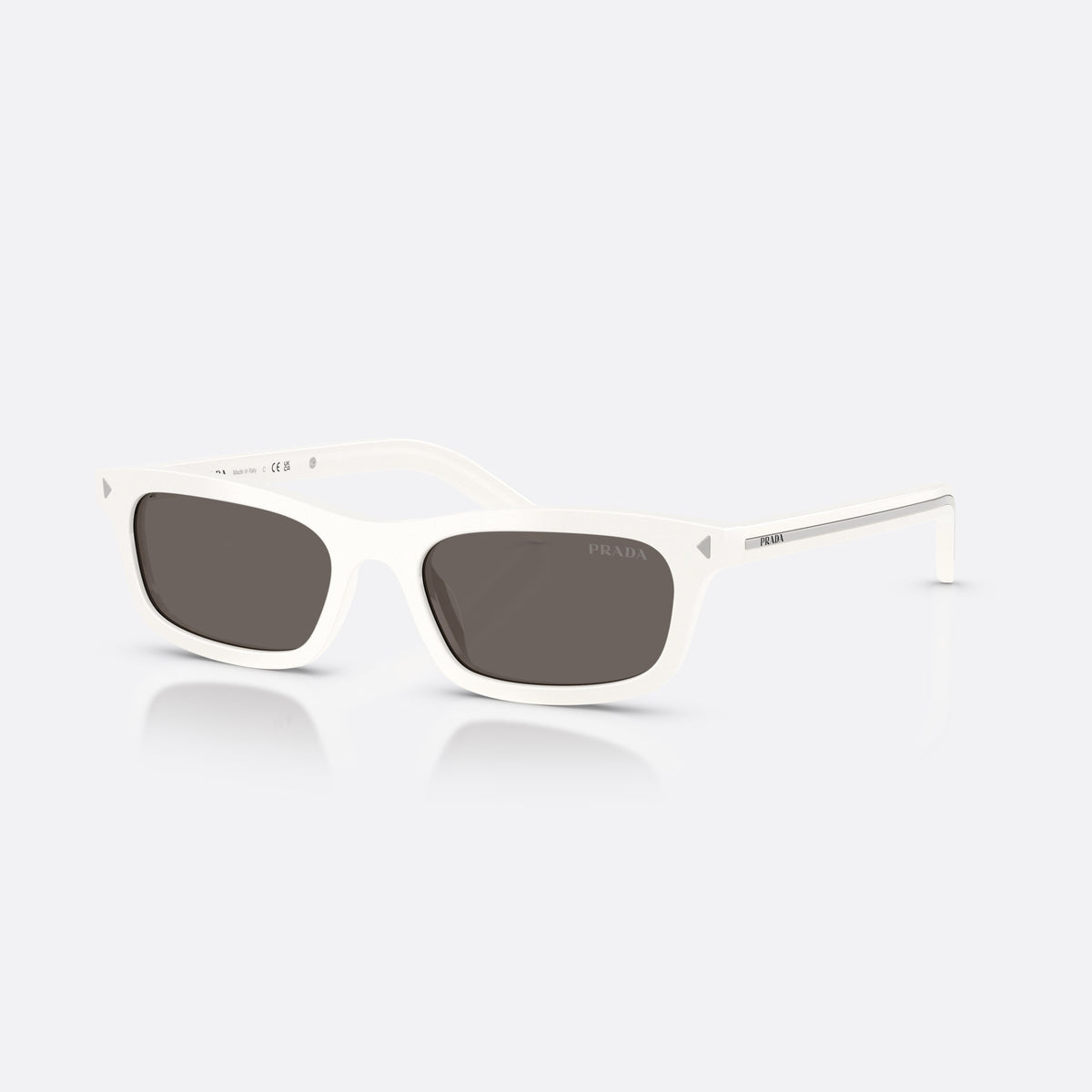 Prada PR D05S 17K731 sunglasses, white pillow frame for women, plain bridge, integrated design, brand lettering on temple