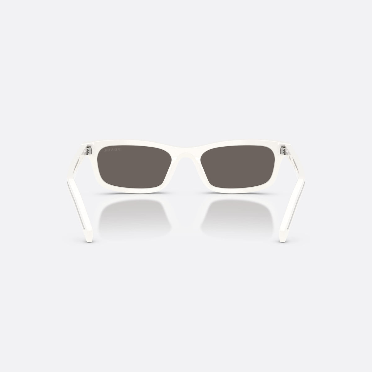 Prada PR D05S 17K731 sunglasses, white pillow frame for women, plain bridge, integrated design, brand lettering on temple, back view
