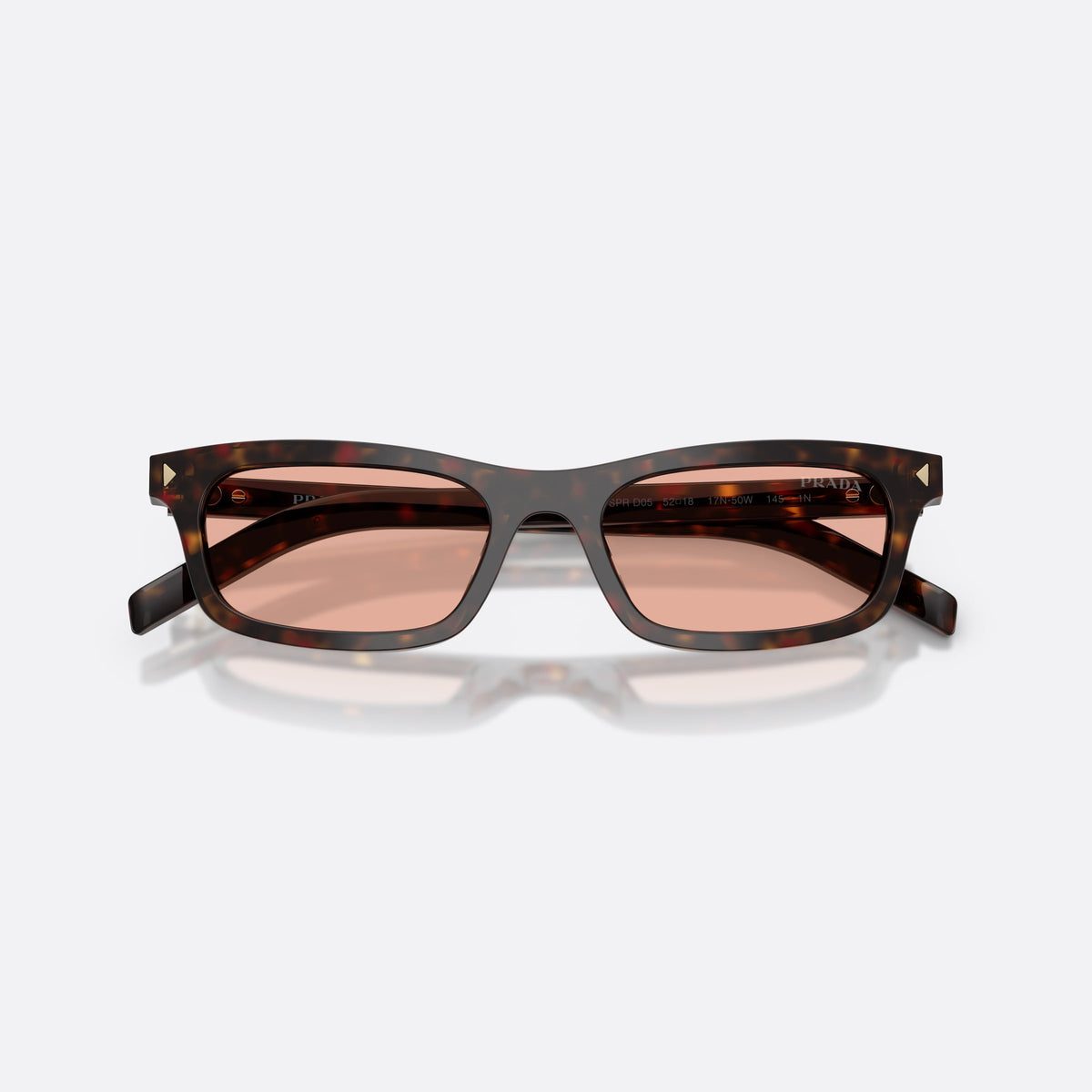 Prada PR D05S 17N50W sunglasses, havana pillow frame for women, plain bridge, integrated into front, full-rim frame, folded
