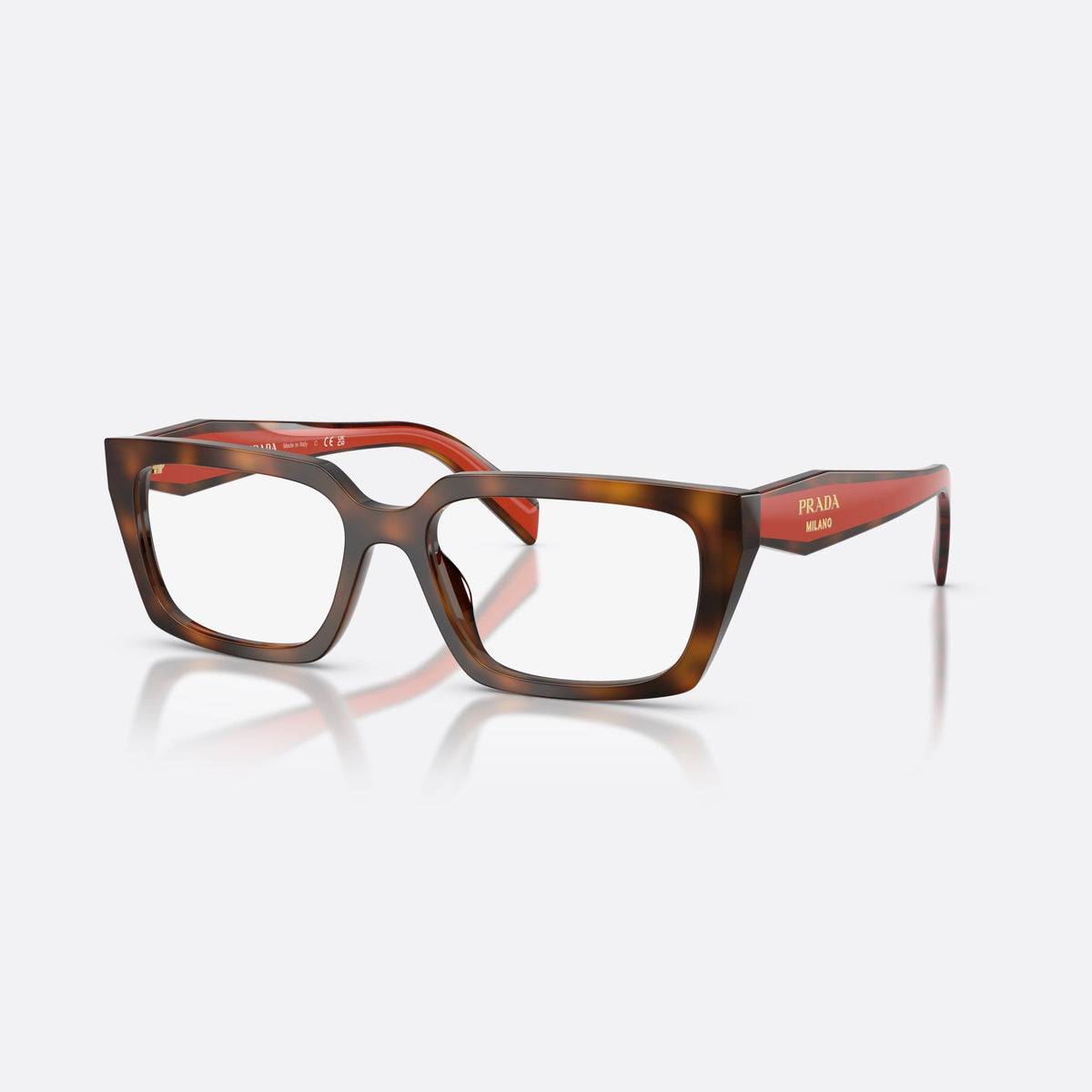 Prada PR D05V 01K1O1 eyeglasses, havana rectangle frame for women, plain double bridge, brand lettering on temples