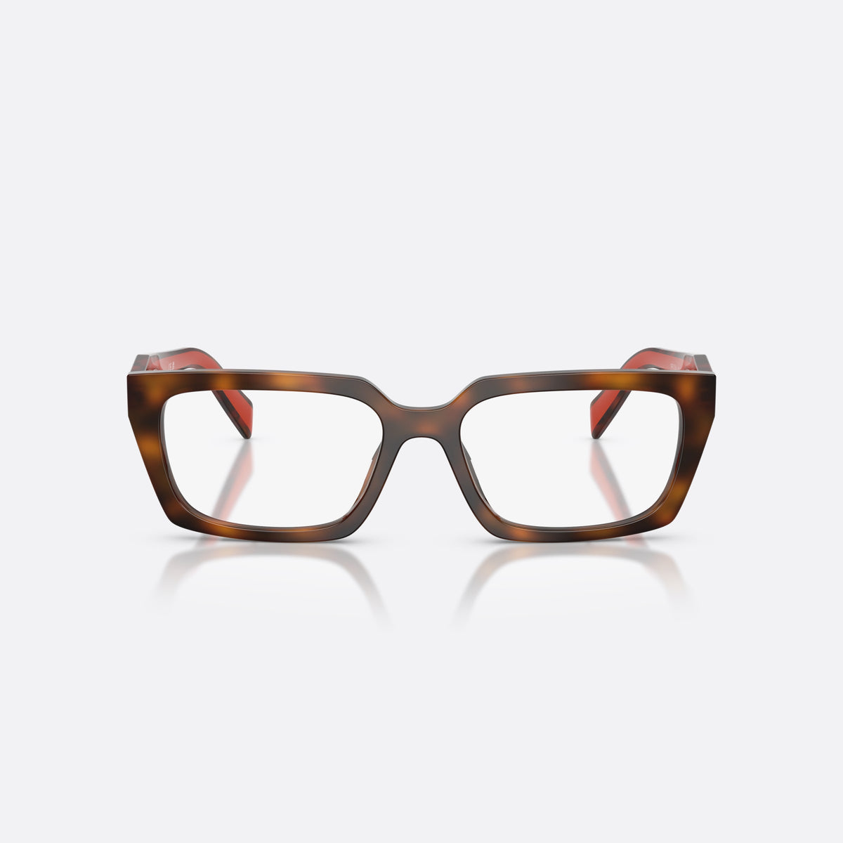 Prada PR D05V 01K1O1 eyeglasses, havana rectangle frame for women, plain double bridge, brand lettering on temples, front view