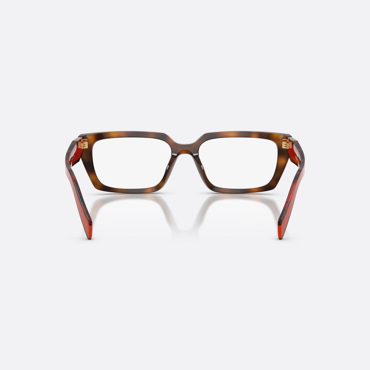 Prada PR D05V 01K1O1 eyeglasses, havana rectangle frame for women, plain double bridge, brand lettering on temples, back view