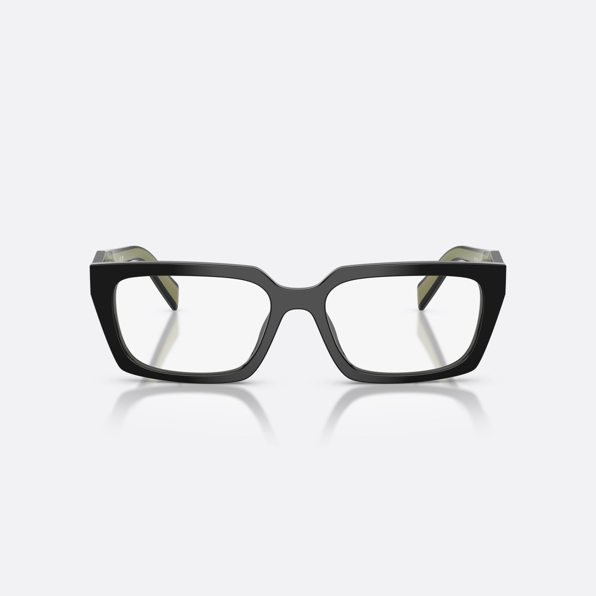 Prada PR D05V 03K1O1 eyeglasses, black rectangle frame for women, plain saddle style bridge, brand lettering on temples, front view