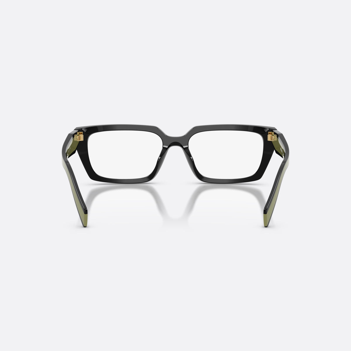 Prada PR D05V 03K1O1 eyeglasses, black rectangle frame for women, plain saddle style bridge, brand lettering on temples, back view