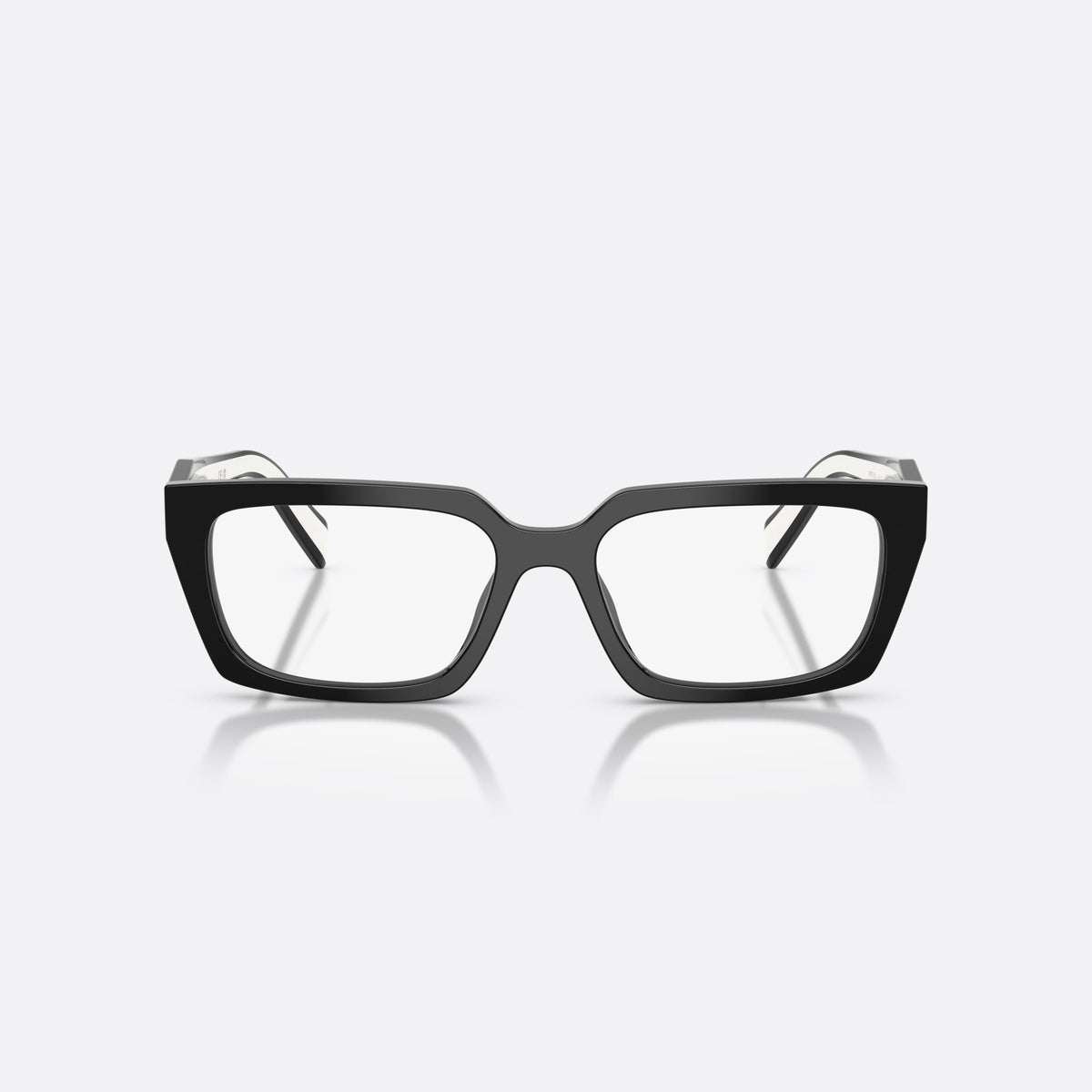 Prada PR D05V 20G1O1 eyeglasses, black rectangle frame for women, plain double bridge, brand lettering on temples, front view