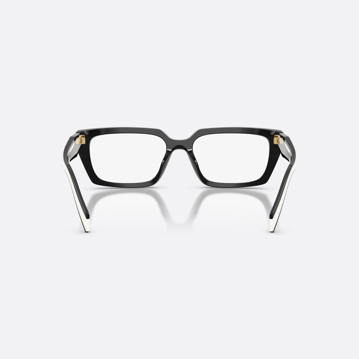 Prada PR D05V 20G1O1 eyeglasses, black rectangle frame for women, plain double bridge, brand lettering on temples, back view