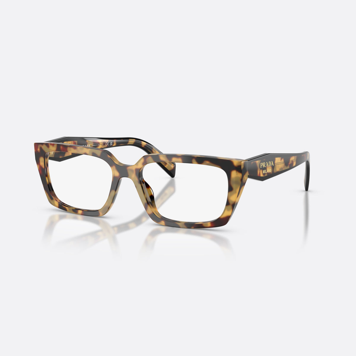 Prada PR D05V 24L1O1 eyeglasses, havana rectangle frame for women, saddle bridge with wide frame, brand lettering on temples