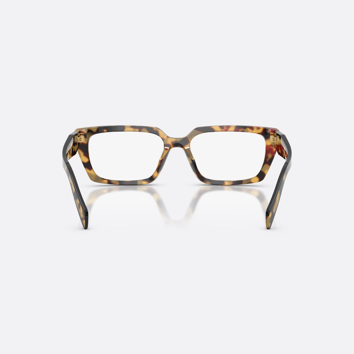 Prada PR D05V 24L1O1 eyeglasses, havana rectangle frame for women, saddle bridge with wide frame, brand lettering on temples, back view