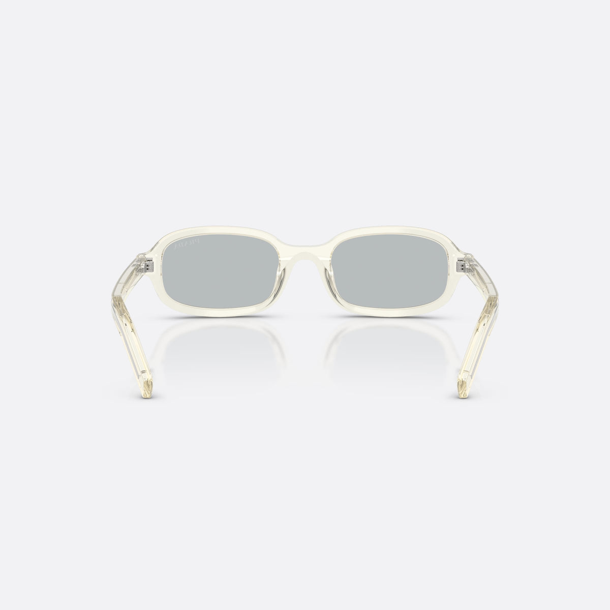 Prada PR D06S 12X40W sunglasses, brown oval frame for women, plain double bridge, brand lettering on temples, back view