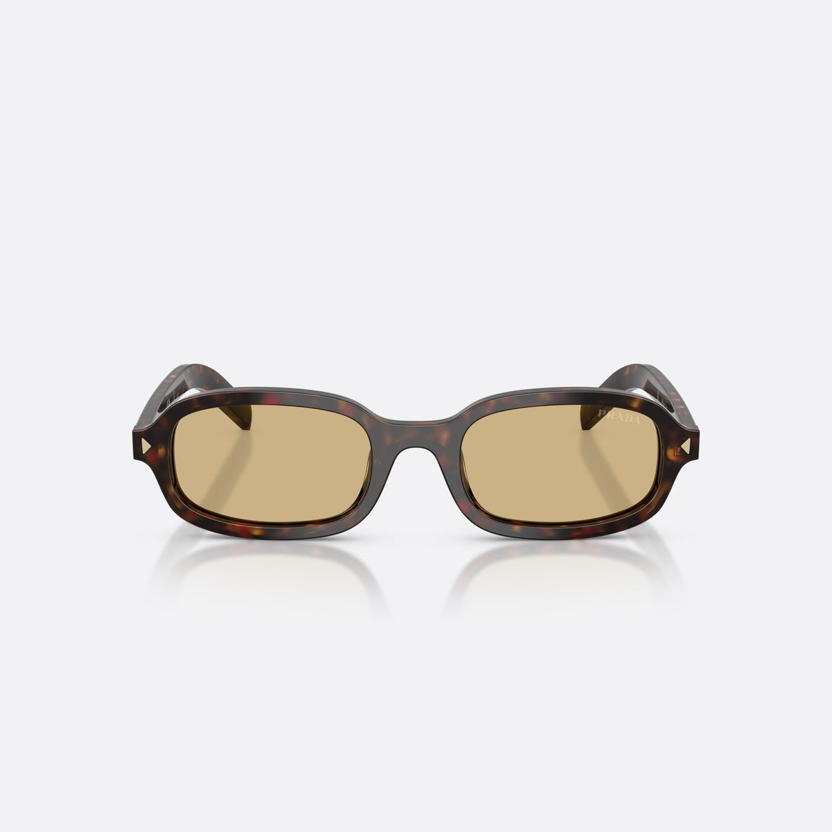 Ochelari de soare Prada PR D06S 17N70R, ovali havana, pentru femei, punte simplă joasă, literele brandului pe brațe, vedere din față