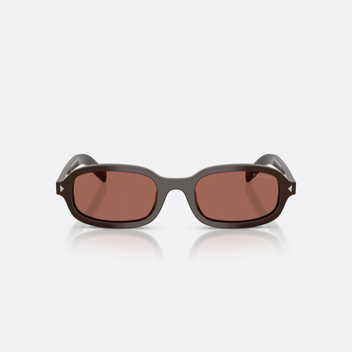 Prada PR D06S 27I20W sunglasses, brown oval frame for women, plain bridge, brand logo on temple, full-rim frame, front view