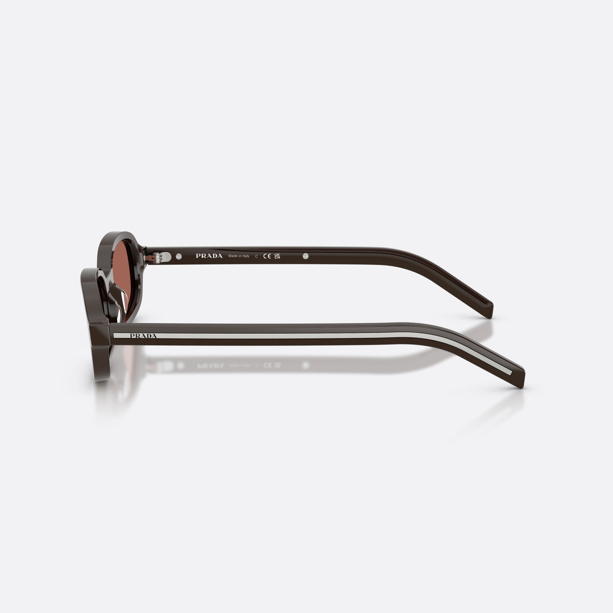 Prada PR D06S 27I20W sunglasses, brown oval frame for women, plain bridge, brand logo on temple, full-rim frame, side view