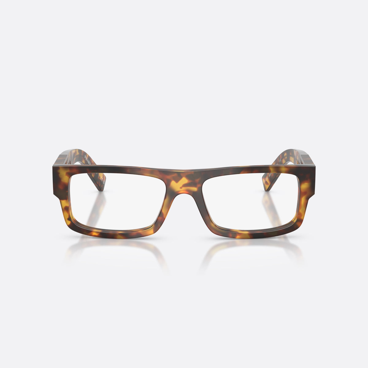 Prada PR D06V 14L1O1 eyeglasses, havana rectangle frame for men, plain saddle-style bridge, brand lettering on the temples, front view