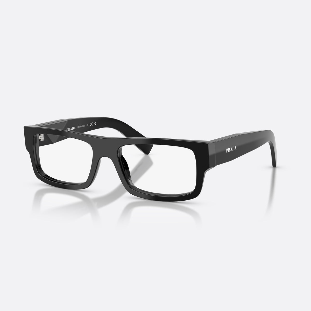 Prada PR D06V 16K1O1 eyeglasses, black rectangle frame for men, plain bridge, saddle-like dip