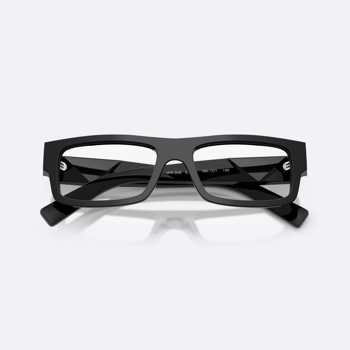 Prada PR D06V 16K1O1 eyeglasses, black rectangle frame for men, plain bridge, saddle-like dip, folded