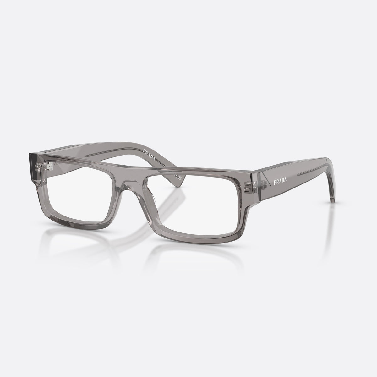 Prada PR D06V 16Z1O1 eyeglasses, grey rectangle frame for men, plain bridge with flat top, full-rim thick frame