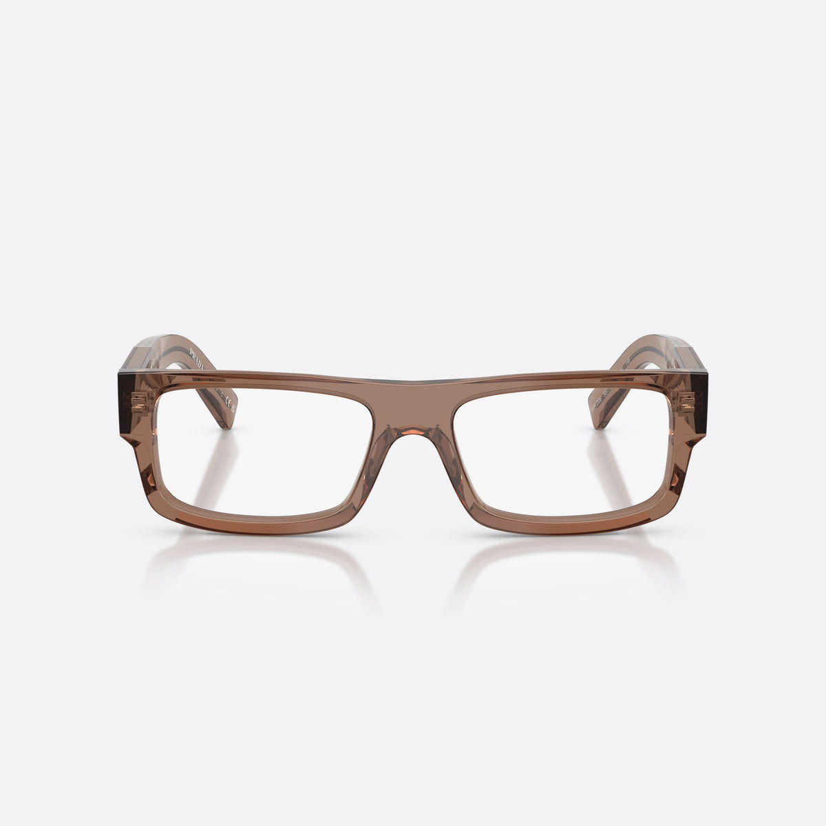 Prada PR D06V 28I1O1 eyeglasses, brown rectangle frame for men, plain saddle bridge, brand lettering on temples, front view