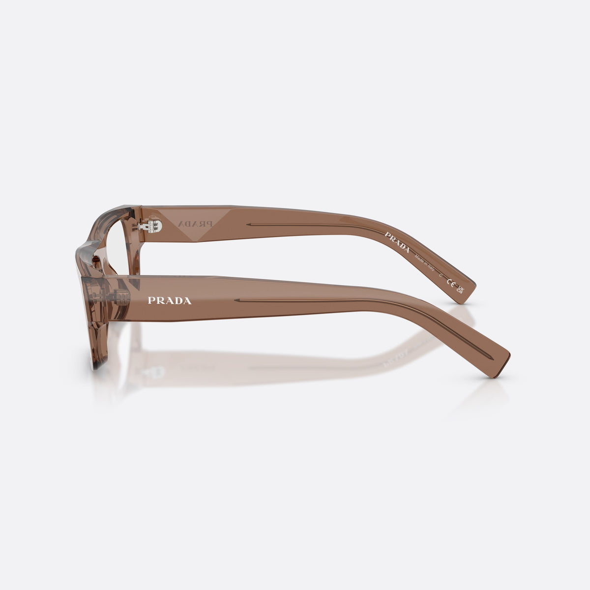Prada PR D06V 28I1O1 eyeglasses, brown rectangle frame for men, plain saddle bridge, brand lettering on temples, side view