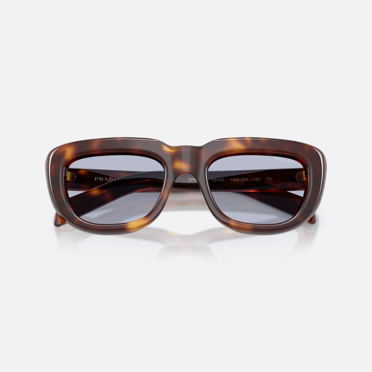 Prada PR D07S 15W30X sunglasses, havana rectangle frame for women, plain double bridge, brand lettering on temples, folded