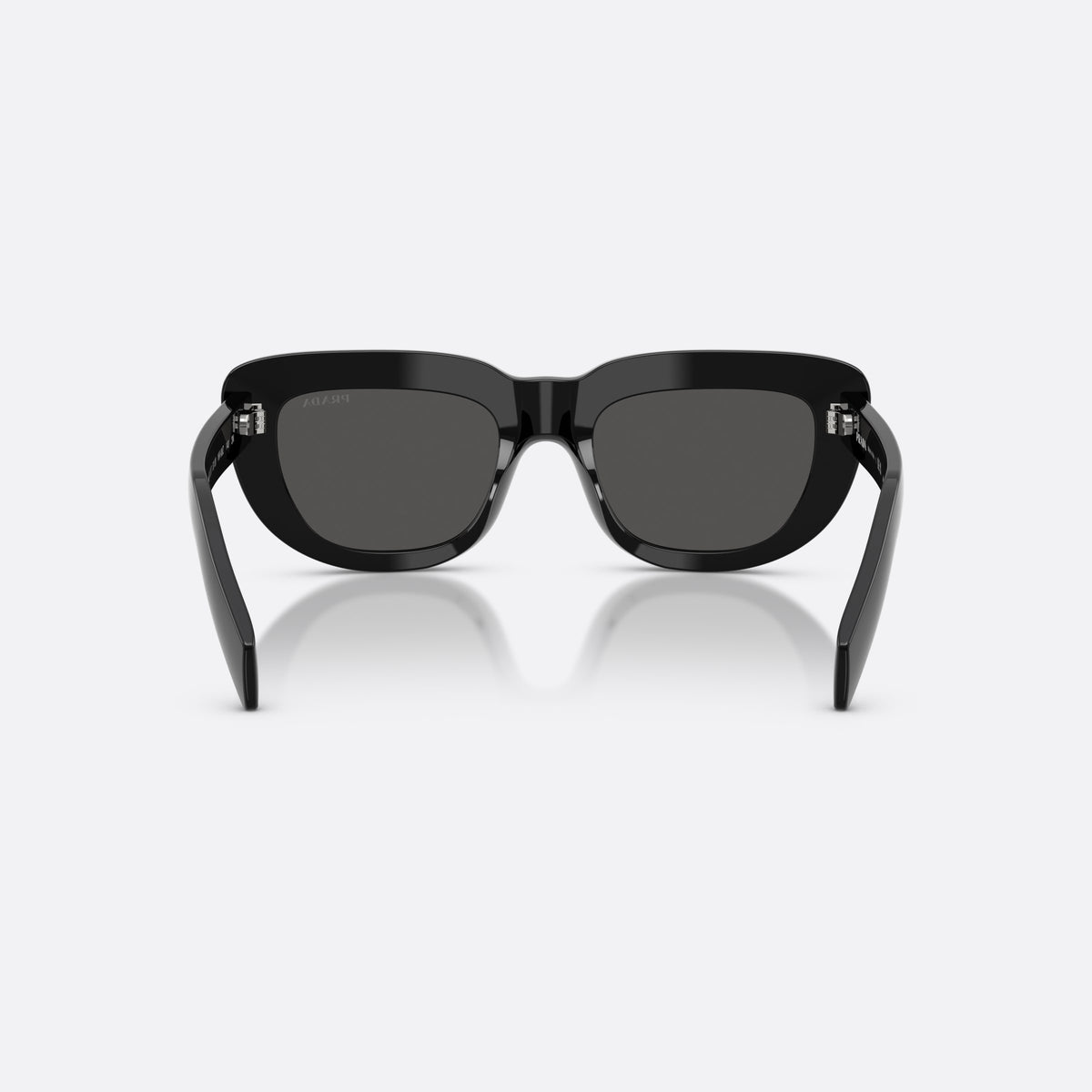 Prada PR D07S 16K08Z sunglasses, black rectangle frame for women, plain bridge, integrated into frame, wide tapered temples, back view