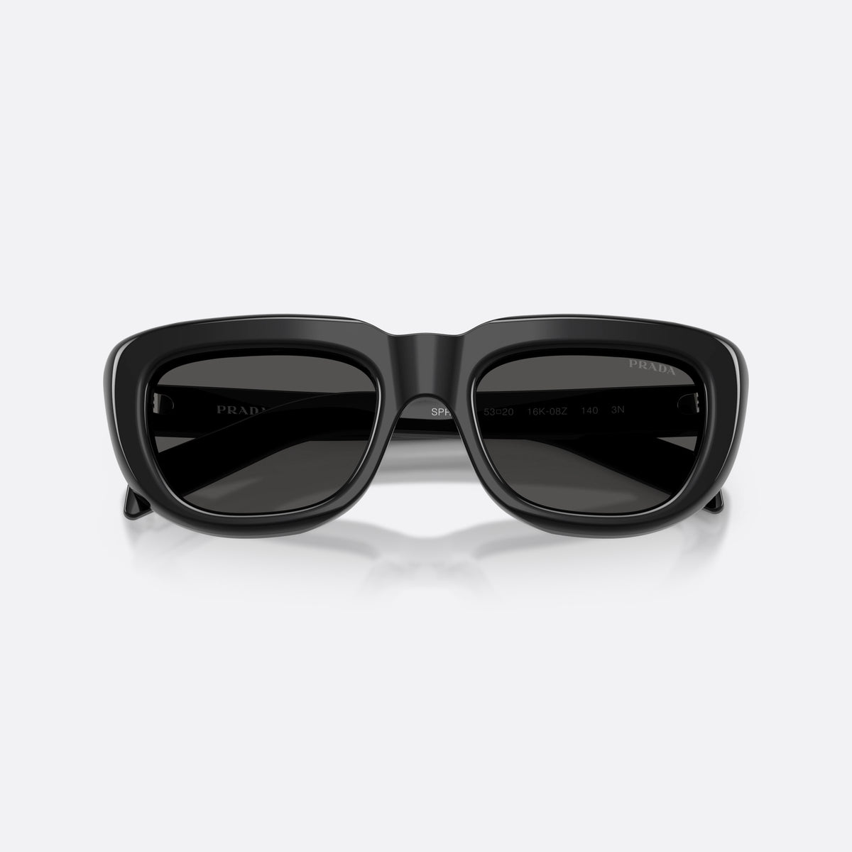 Prada PR D07S 16K08Z sunglasses, black rectangle frame for women, plain bridge, integrated into frame, wide tapered temples, folded