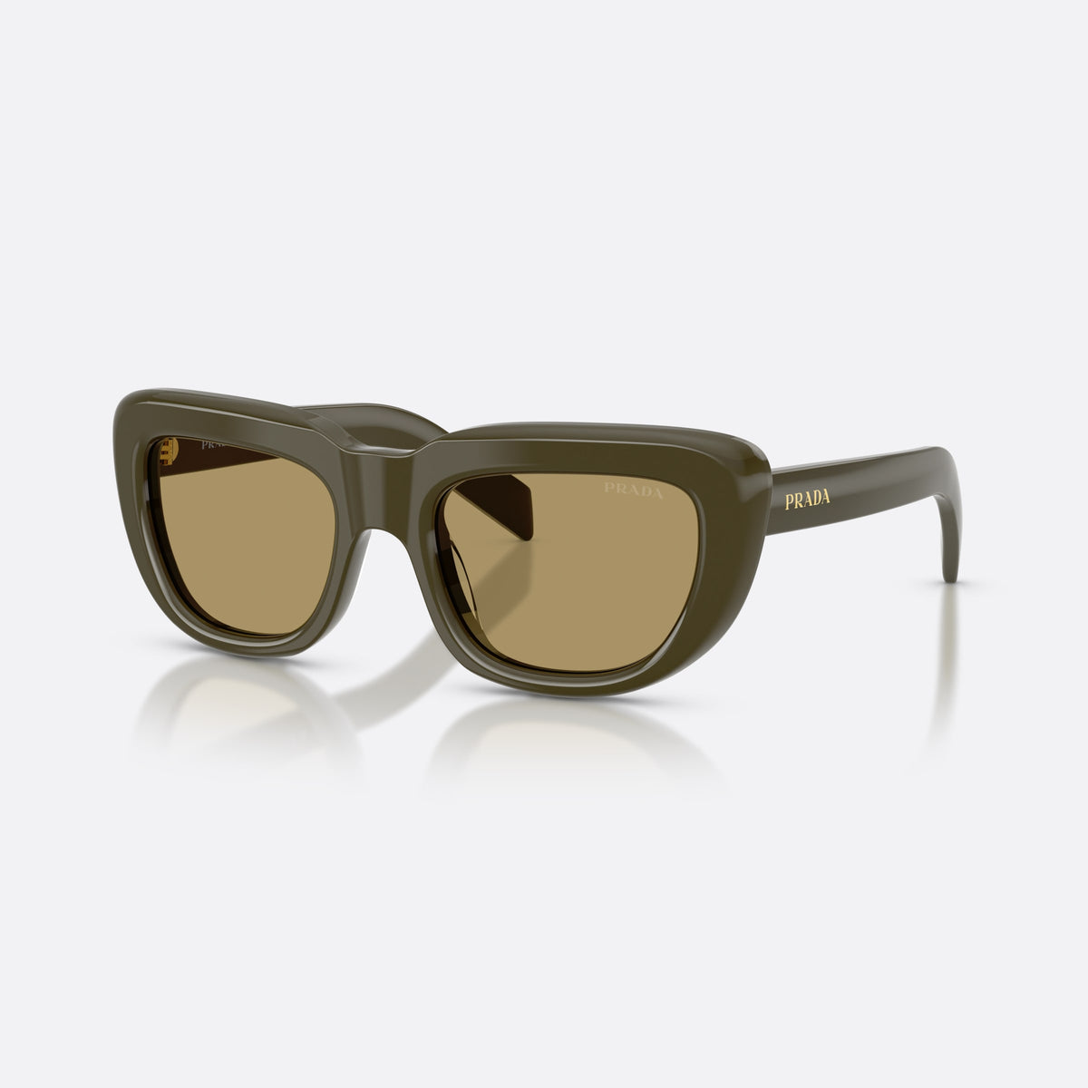 Prada PR D07S 26J70G sunglasses, green rectangle frame for women, plain bridge, brand lettering on temples, full-rim frame