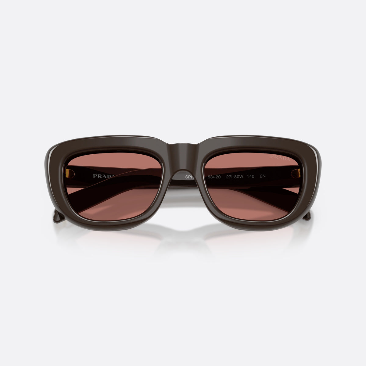 Ochelari de soare Prada PR D07S 27I80W, rectangulari maro, pentru femei, punte simplă, literele brandului pe brațe, ramă completă, cu brațele pliate